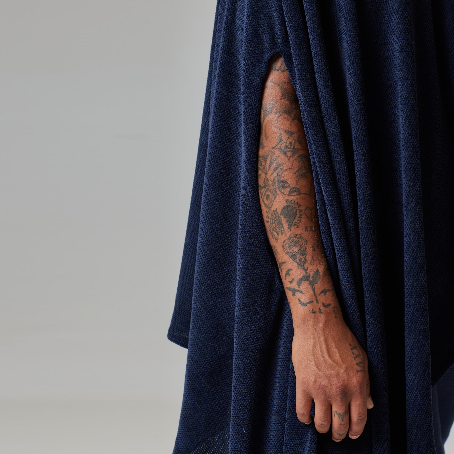 ZERØ London - Close up, Navy zero waste mens cloak, zero waste fashion, designed & made in London