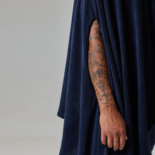 Load image into Gallery viewer, ZERØ London - Close up, Navy zero waste mens cloak, zero waste fashion, designed &amp; made in London
