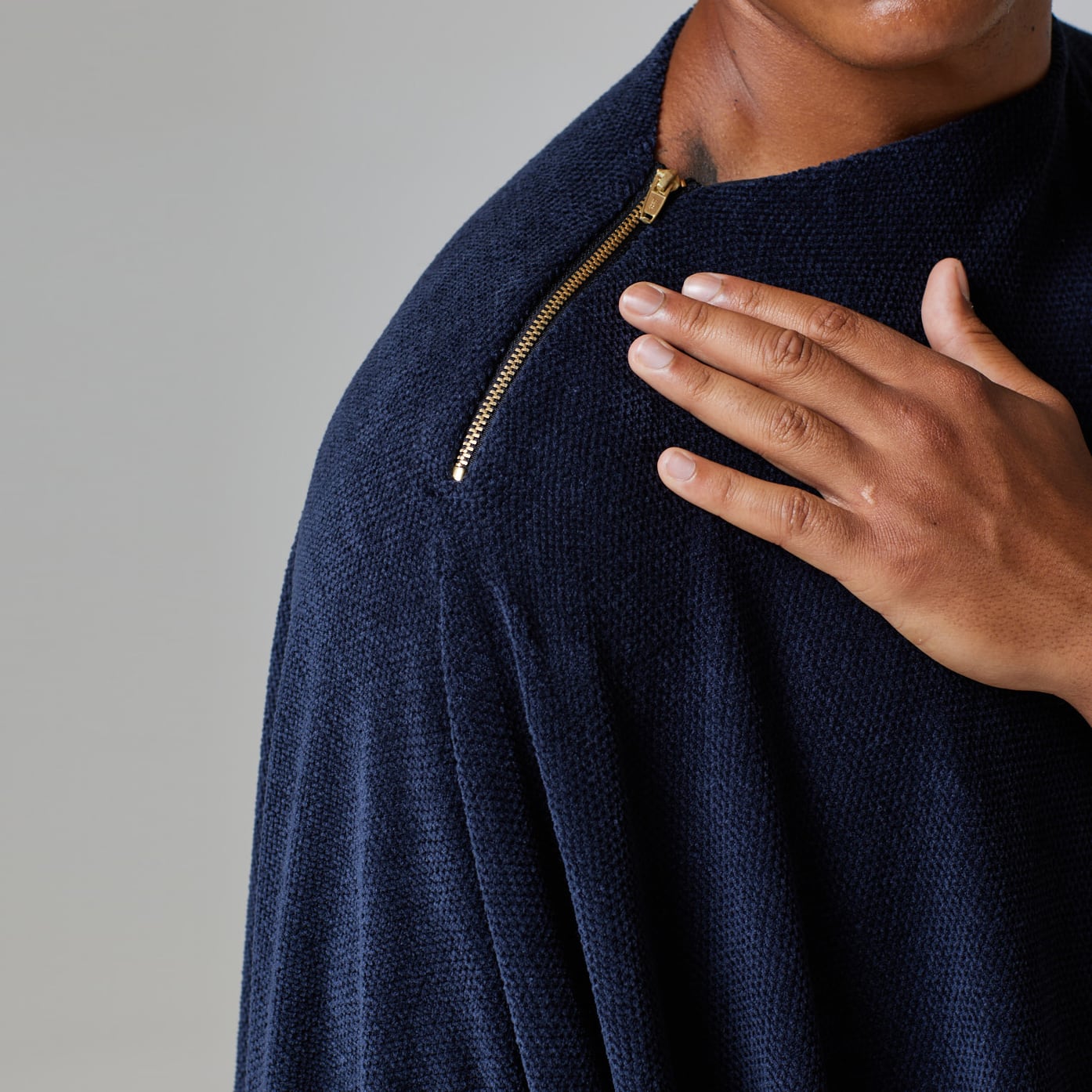 ZERØ London - Zoom view, Navy zero waste mens cloak, zero waste fashion, designed & made in London