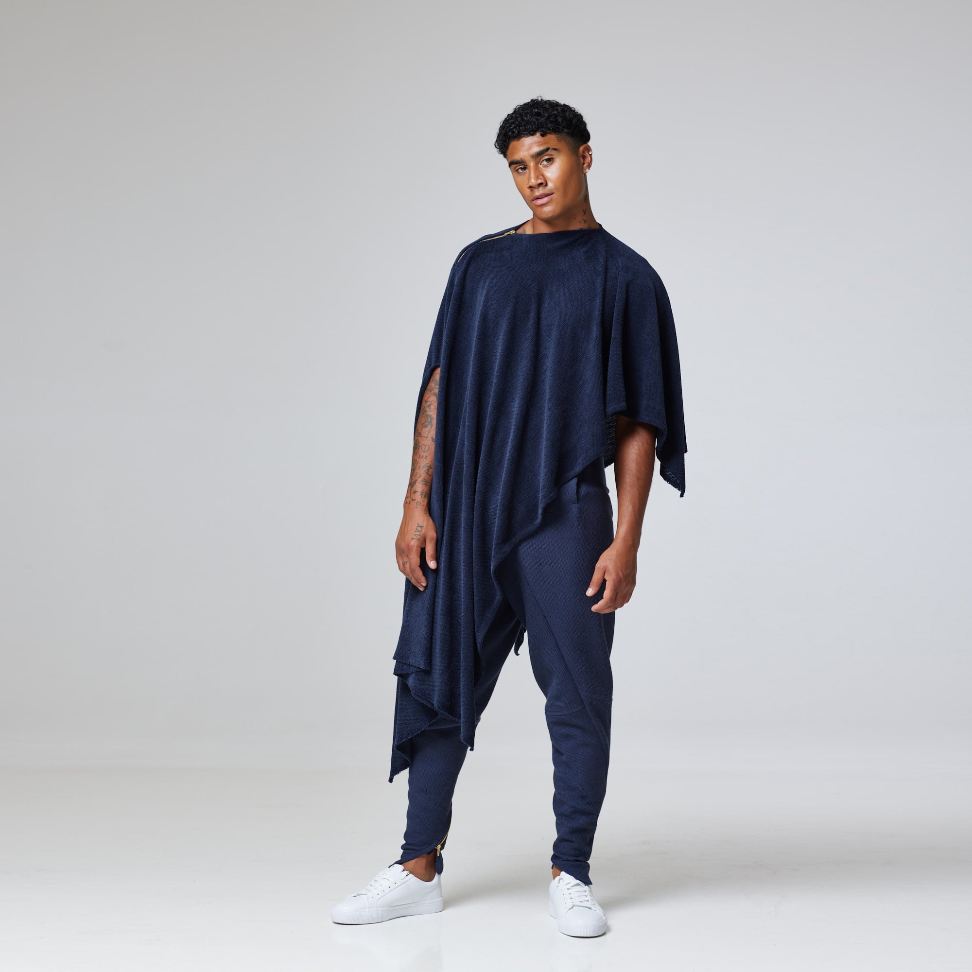 ZERØ London - Alt. Front view, Navy zero waste mens cloak, zero waste fashion, designed & made in London