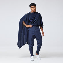 Load image into Gallery viewer, ZERØ London - Alt. Front view, Navy zero waste mens asymmetric cloak, zero waste fashion, designed &amp; made in London
