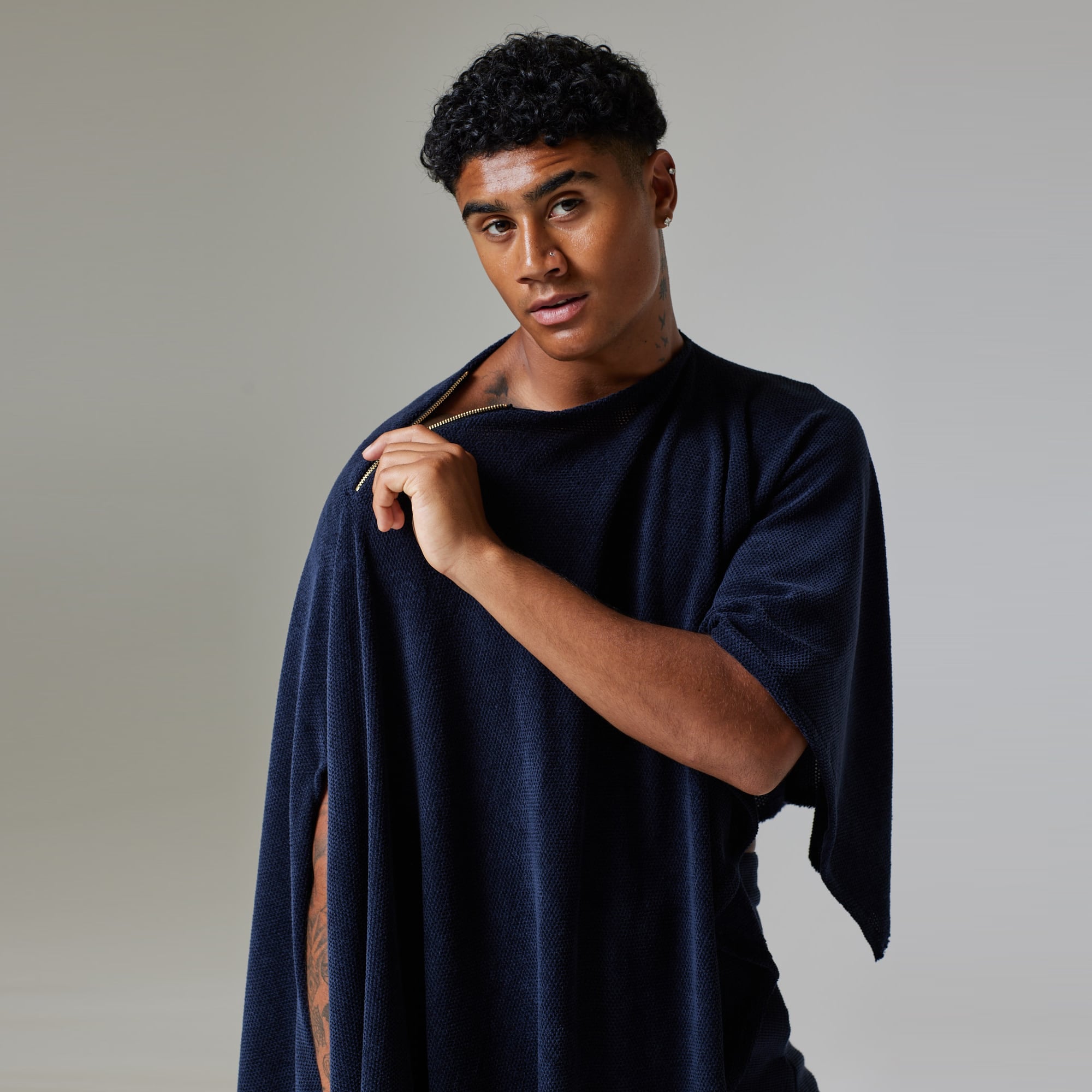 ZERØ London - Mid length view, Navy zero waste mens cloak, zero waste fashion, designed & made in London