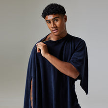 Load image into Gallery viewer, ZERØ London - Mid length view, Navy zero waste mens cloak, zero waste fashion, designed &amp; made in London
