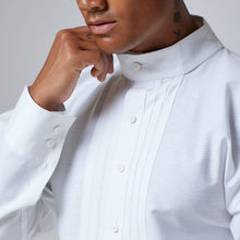 Load image into Gallery viewer, ZERØ London - Zoom view, White mens dress shirt, zero waste fashion, designed &amp; made in London
