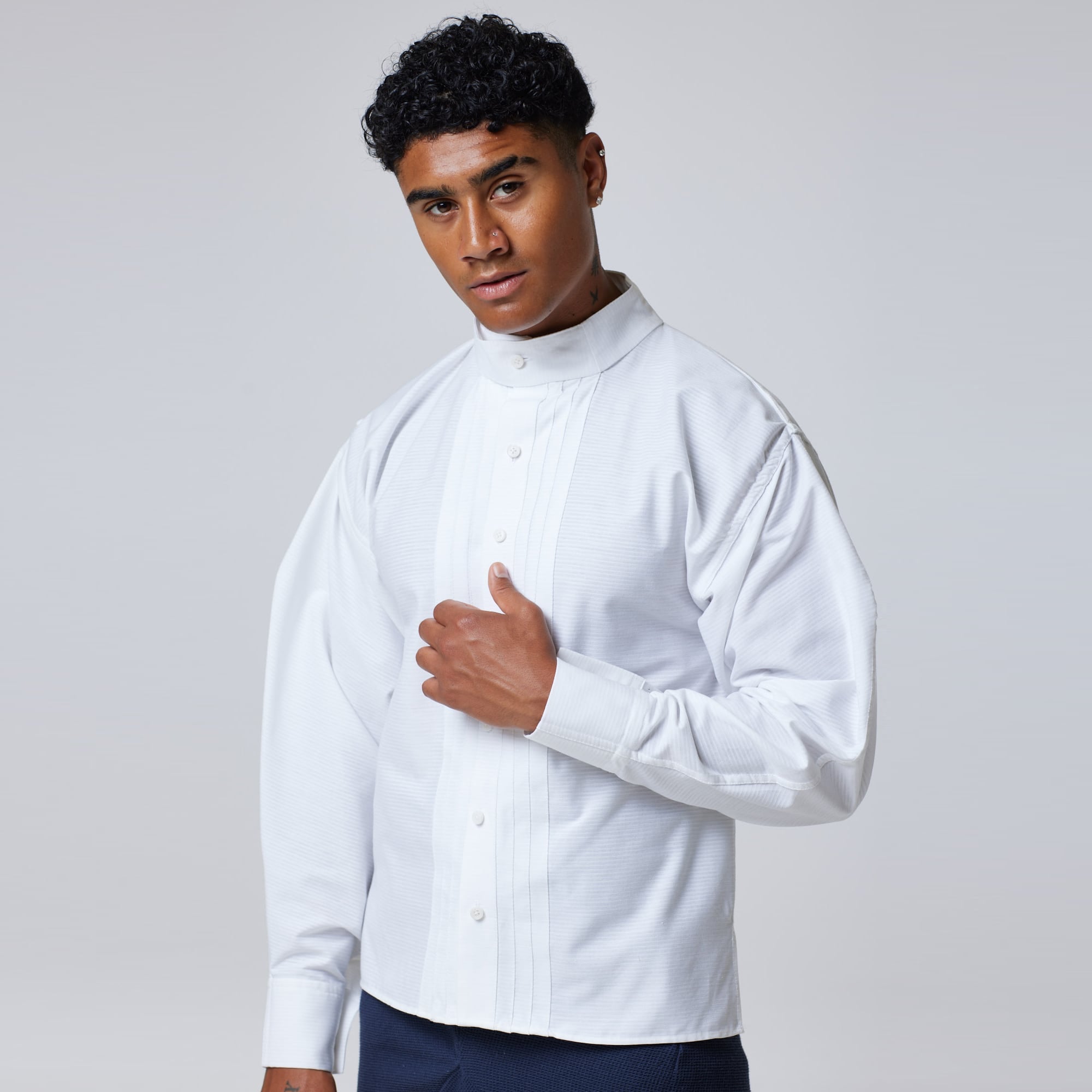 ZERØ London - Front view, White mens luxury dress shirt, zero waste fashion, designed & made in London