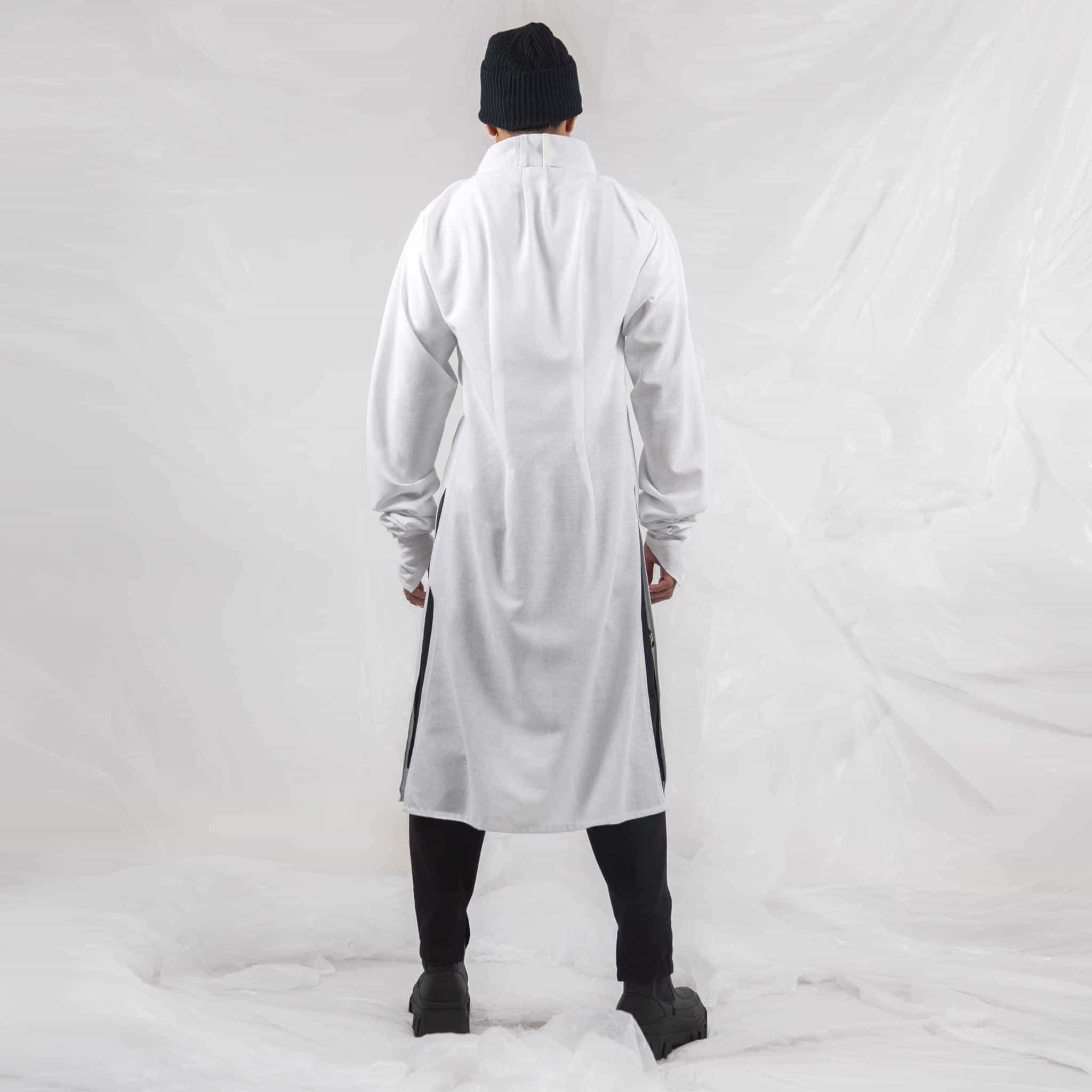 ZERØ London - Back alt. full length view, mens zero waste long sleeve shirt in white with white tie belt, designed & made in London