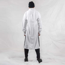 Load image into Gallery viewer, ZERØ London - Back alt. full length view, mens zero waste long sleeve shirt in white with white tie belt, designed &amp; made in London
