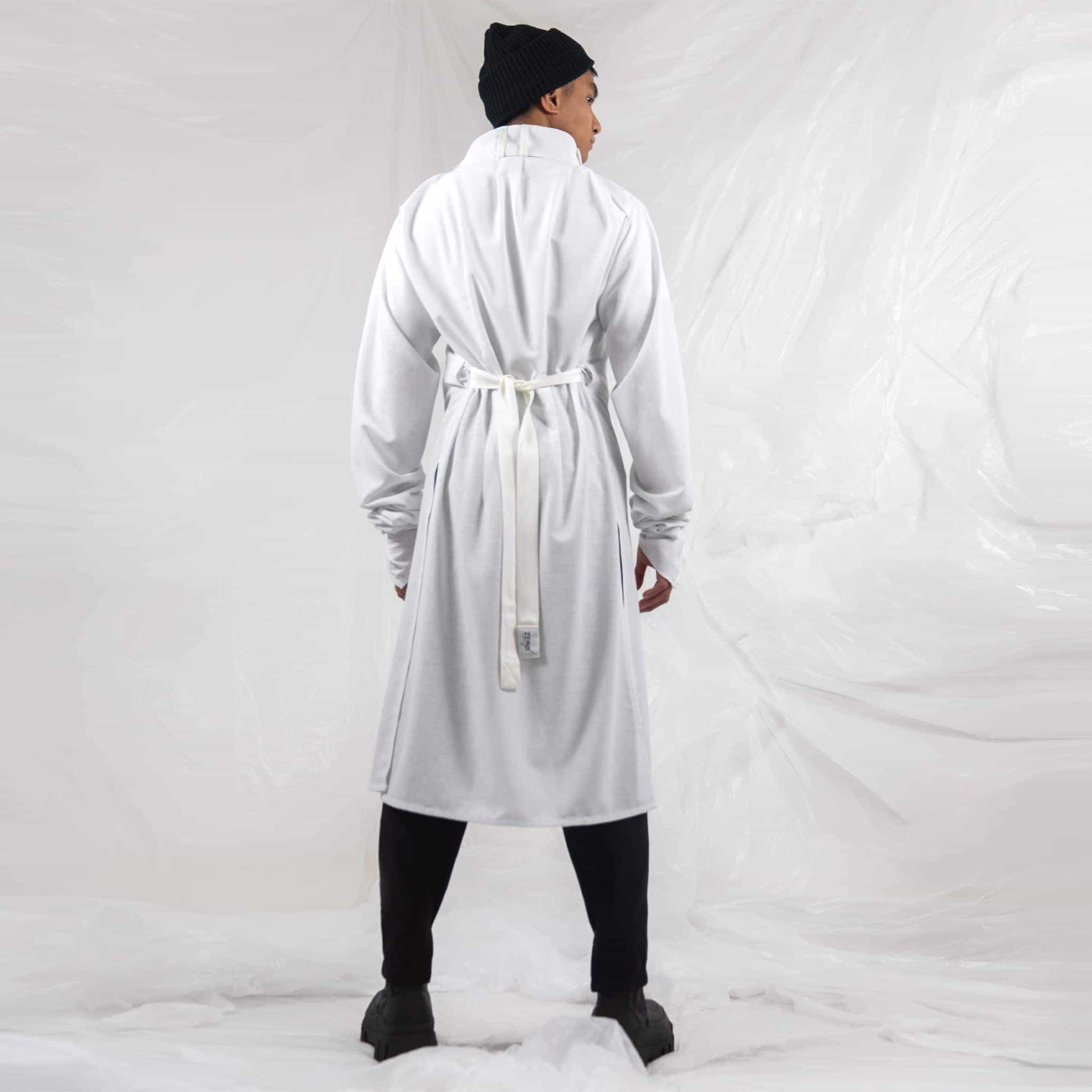 ZERØ London - Back full length view, mens zero waste long sleeve shirt in white with white tie belt, designed & made in London