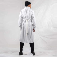 Load image into Gallery viewer, ZERØ London - Back full length view, mens zero waste long sleeve shirt in white with white tie belt, designed &amp; made in London

