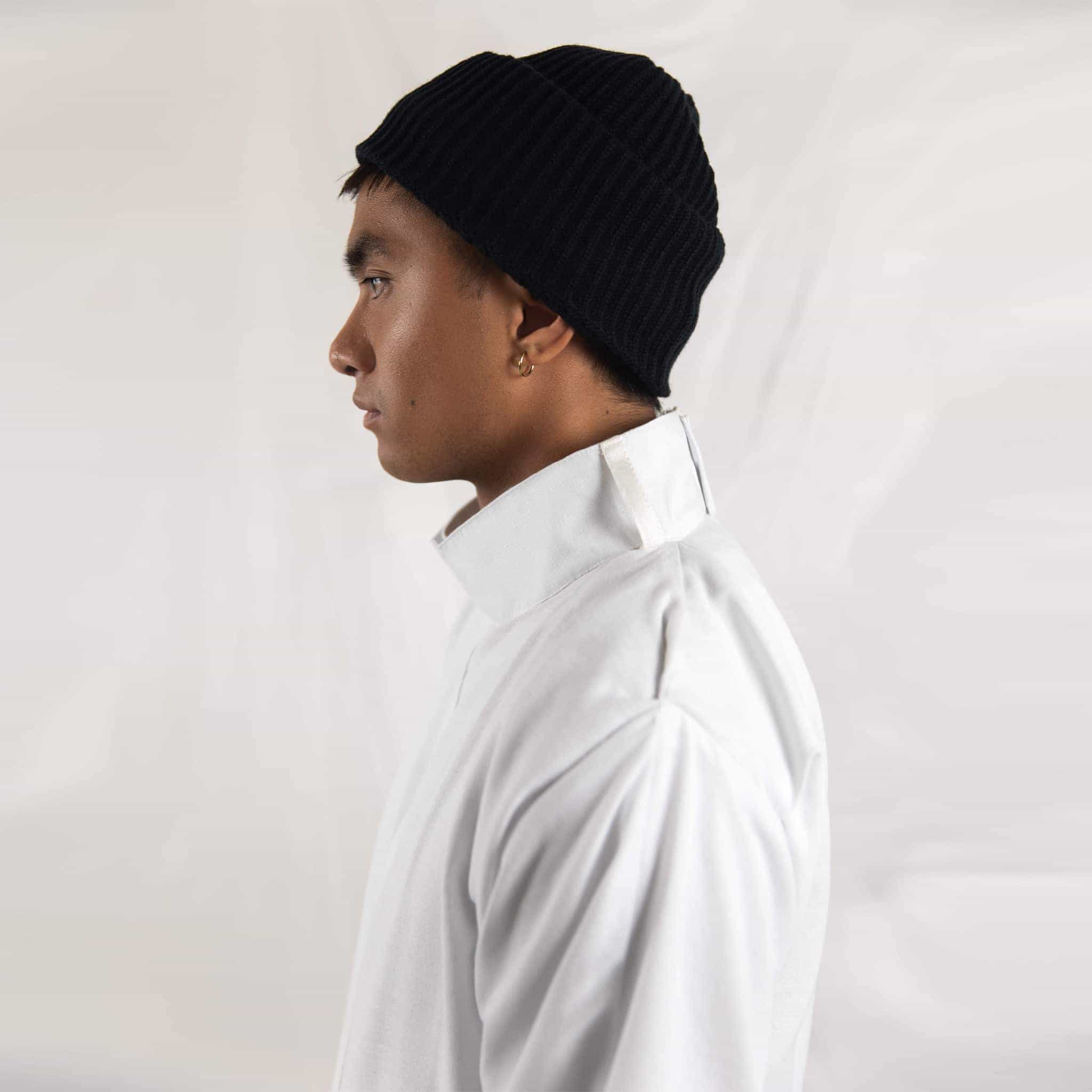 ZERØ London - Close up, mens zero waste long sleeve shirt in white with white tie belt, designed & made in London