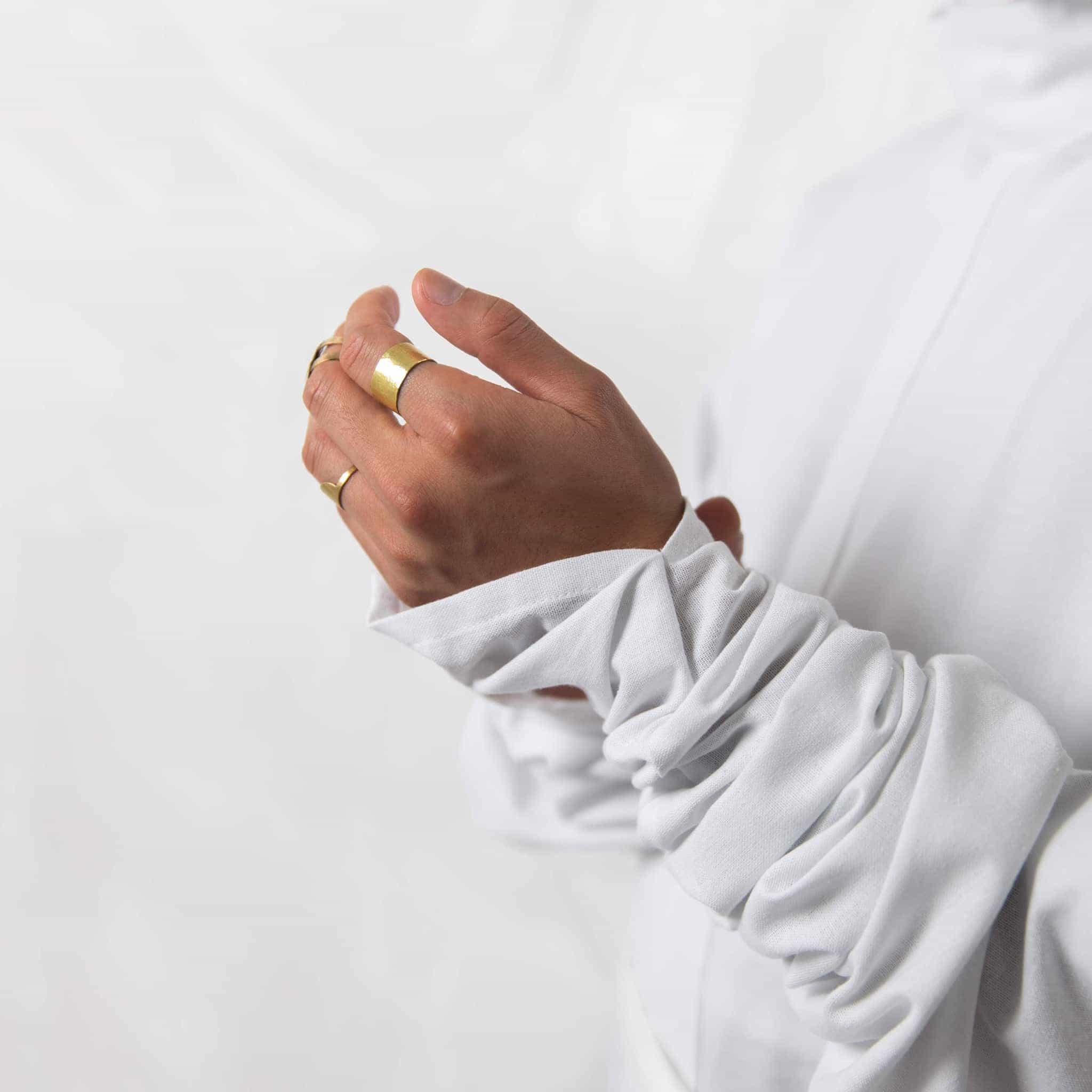 ZERØ London - Alt close up, mens zero waste long sleeve shirt in white with white tie belt, designed & made in London