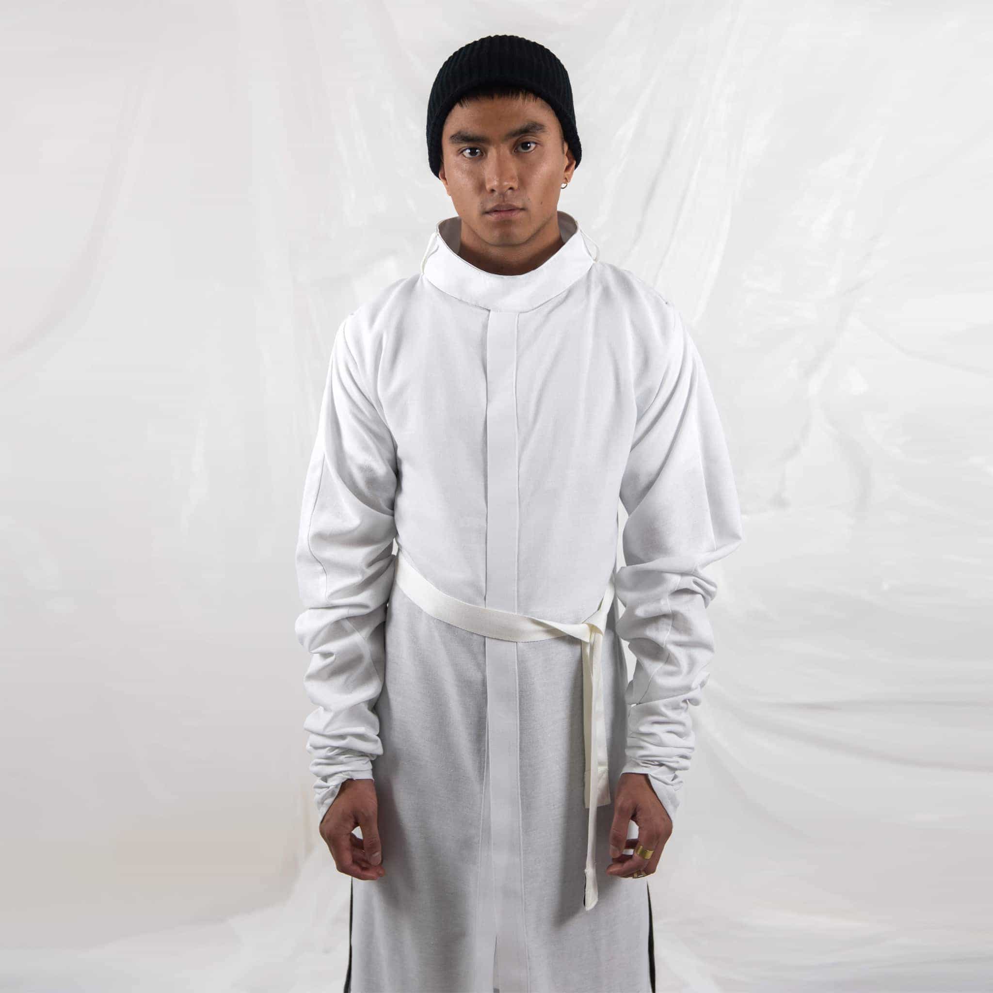 ZERØ London - Front view, mens zero waste long sleeve shirt in white with white tie belt, designed & made in London