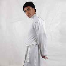 Load image into Gallery viewer, ZERØ London - Side view, mens zero waste long sleeve shirt in white with white tie belt, designed &amp; made in London
