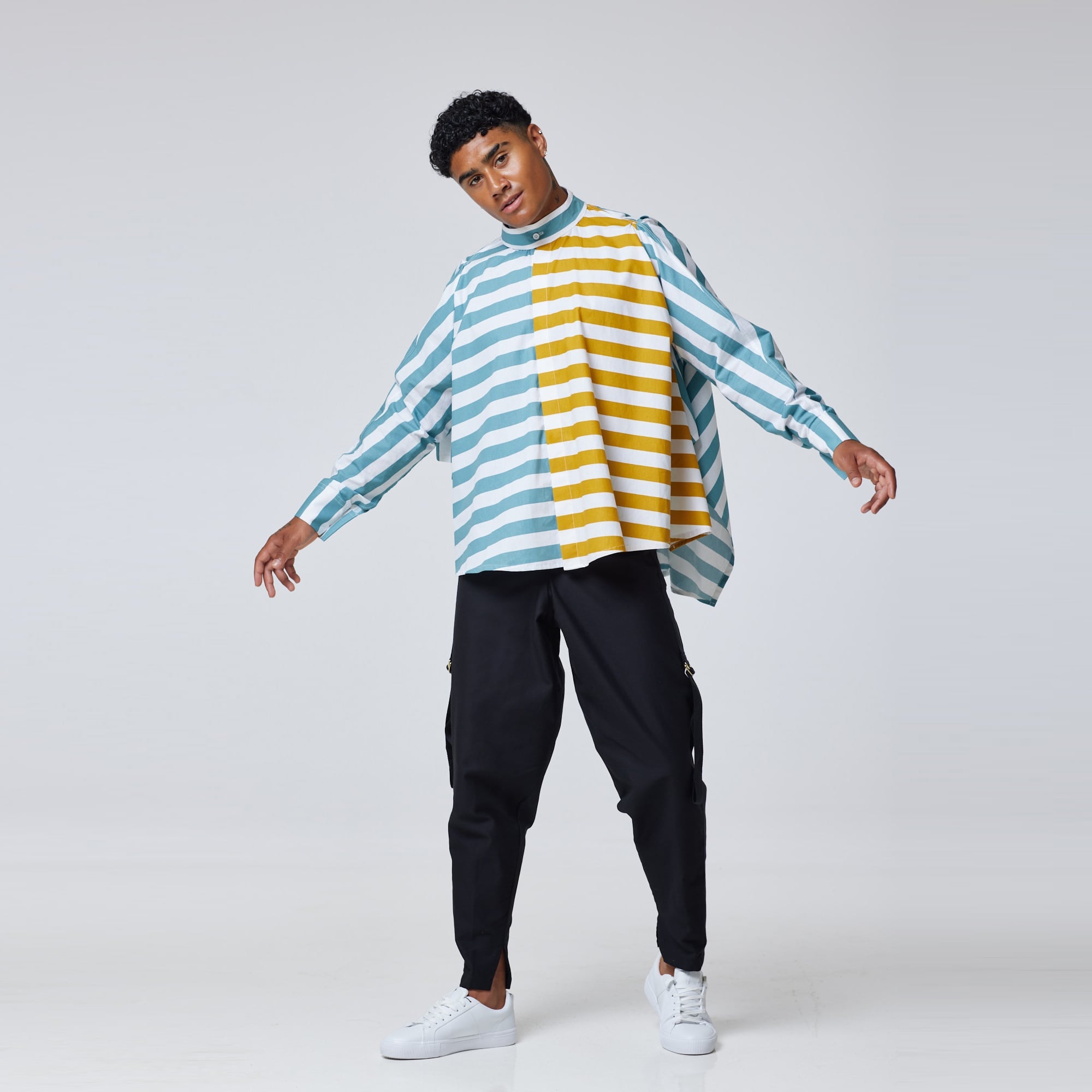 ZERØ London - Front view, mens draped shirt in mint, zero waste fashion, designed & made in London