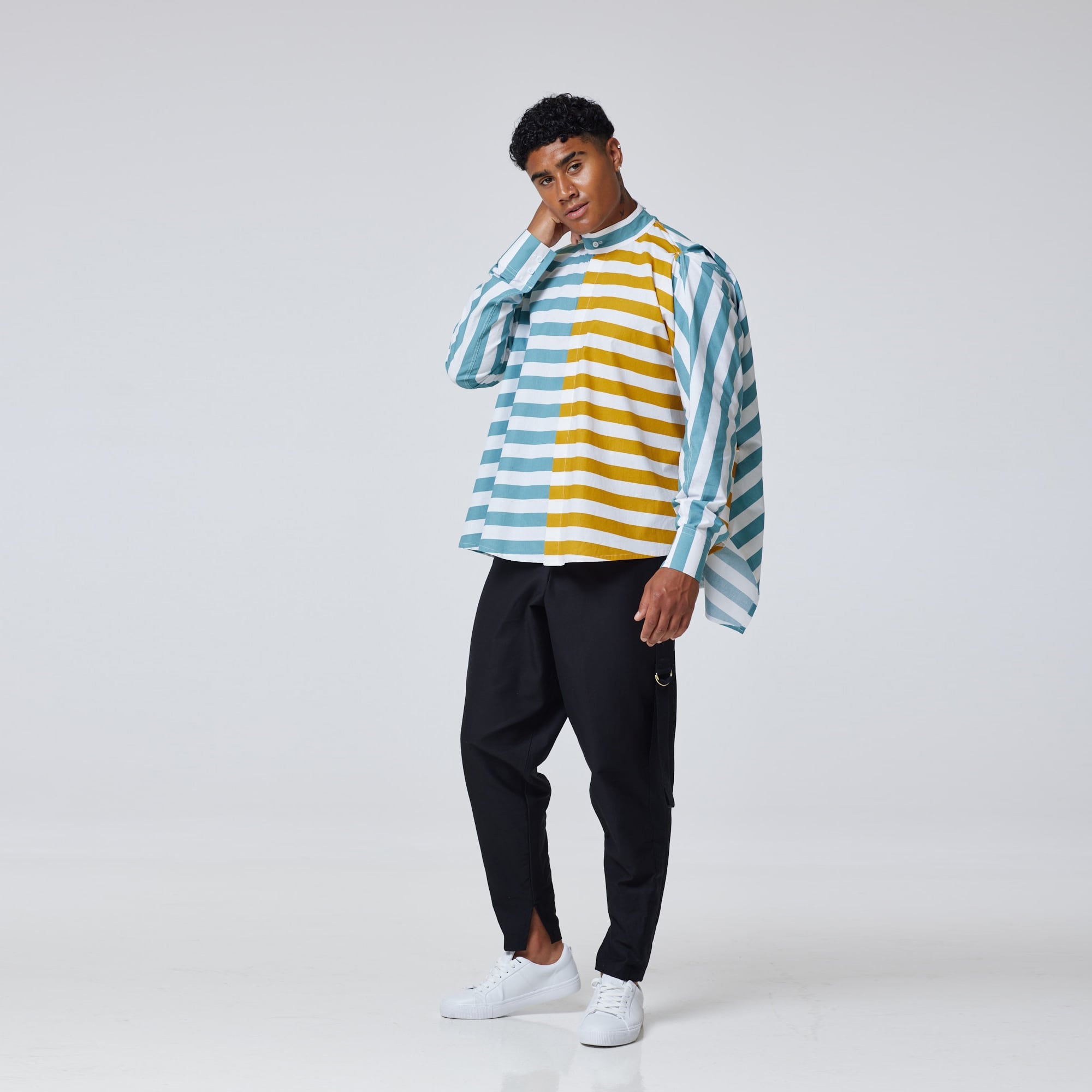 ZERØ London - Side view, mens draped shirt in mint, zero waste fashion, designed & made in London