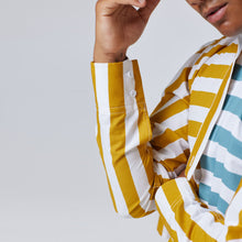 Load image into Gallery viewer, ZERØ London - Detail view, mens draped shirt in mustard, zero waste fashion, designed &amp; made in London
