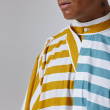 Load image into Gallery viewer, ZERØ London - Close up view, mens draped shirt in mustard, zero waste fashion, designed &amp; made in London

