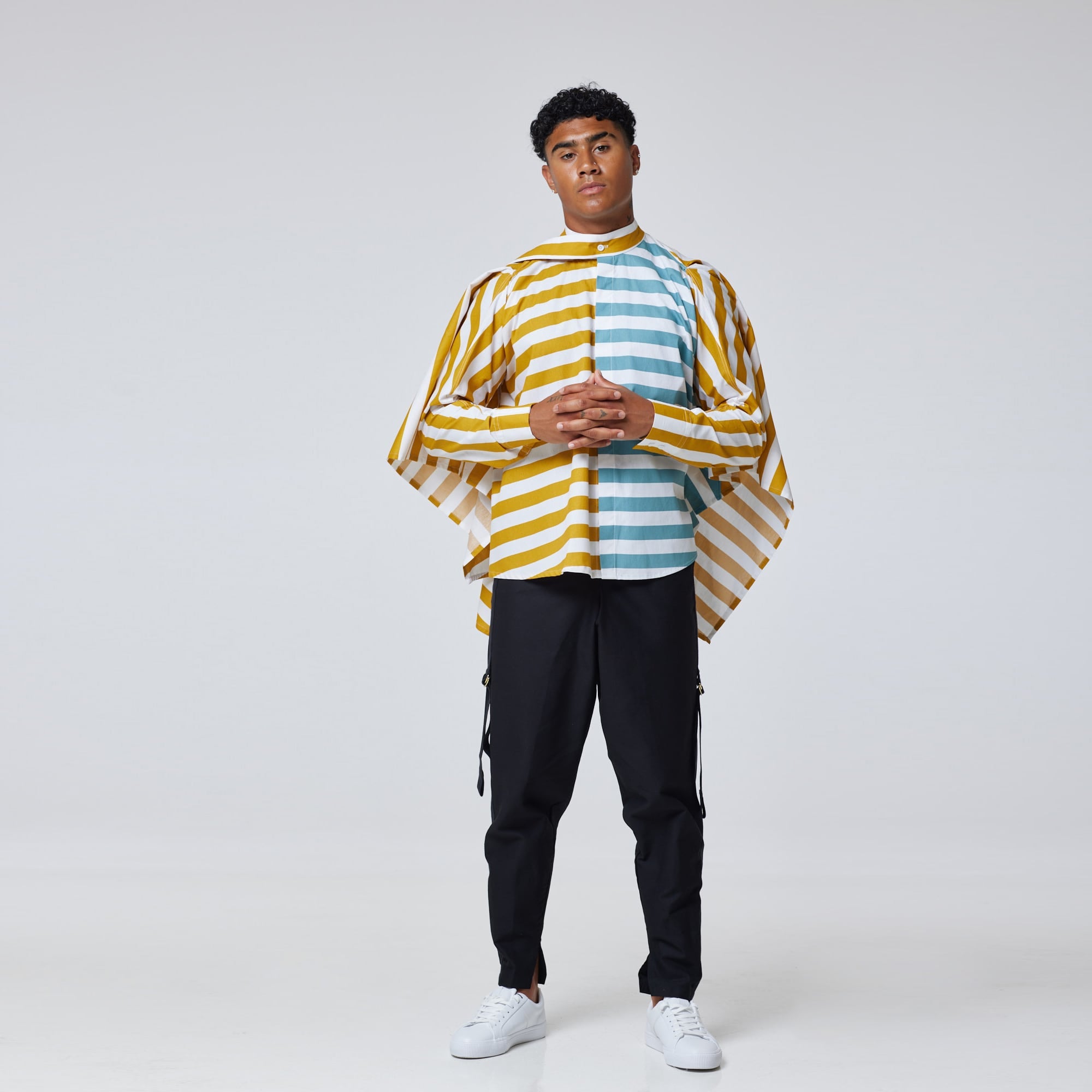 ZERØ London - Alt. Front view, mens draped shirt in mustard, zero waste fashion, designed & made in London