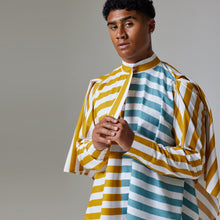Load image into Gallery viewer, ZERØ London - Mid length view, mens draped shirt in mustard, zero waste fashion, designed &amp; made in London
