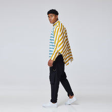 Load image into Gallery viewer, ZERØ London - Side view, mens draped shirt in mustard, zero waste fashion, designed &amp; made in London
