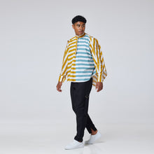 Load image into Gallery viewer, ZERØ London - Alt. Side view, mens draped shirt in mustard, zero waste fashion, designed &amp; made in London
