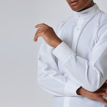 Load image into Gallery viewer, ZERØ London - Close up view, mens luxury white dress shirt, zero waste fashion, designed &amp; made in London
