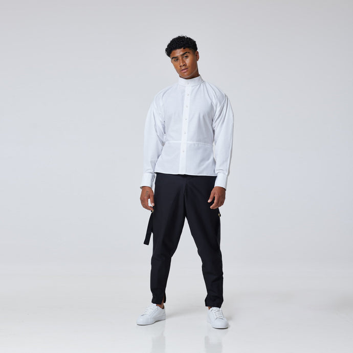 ZERØ London - Front view, mens luxury white dress shirt, zero waste fashion, designed & made in London