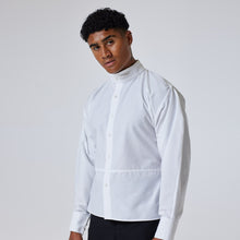 Load image into Gallery viewer, ZERØ London - Mid length view, mens luxury white dress shirt, zero waste fashion, designed &amp; made in London
