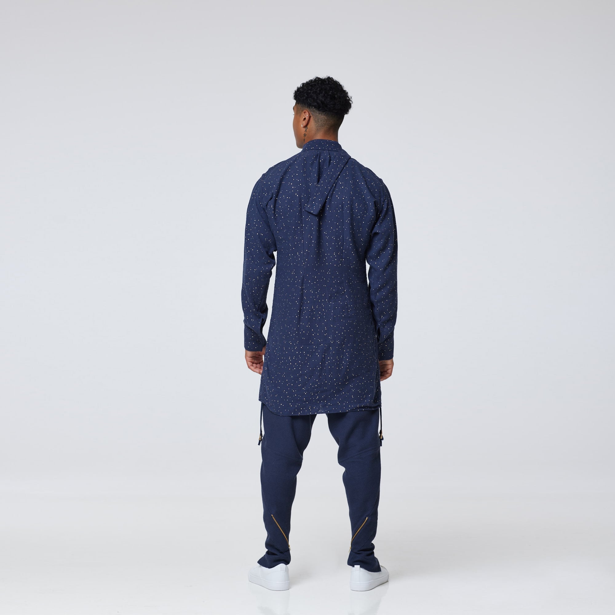 ZERØ London - Back view, mens luxury cotton drawstring navy shirt, zero waste fashion, designed & made in London