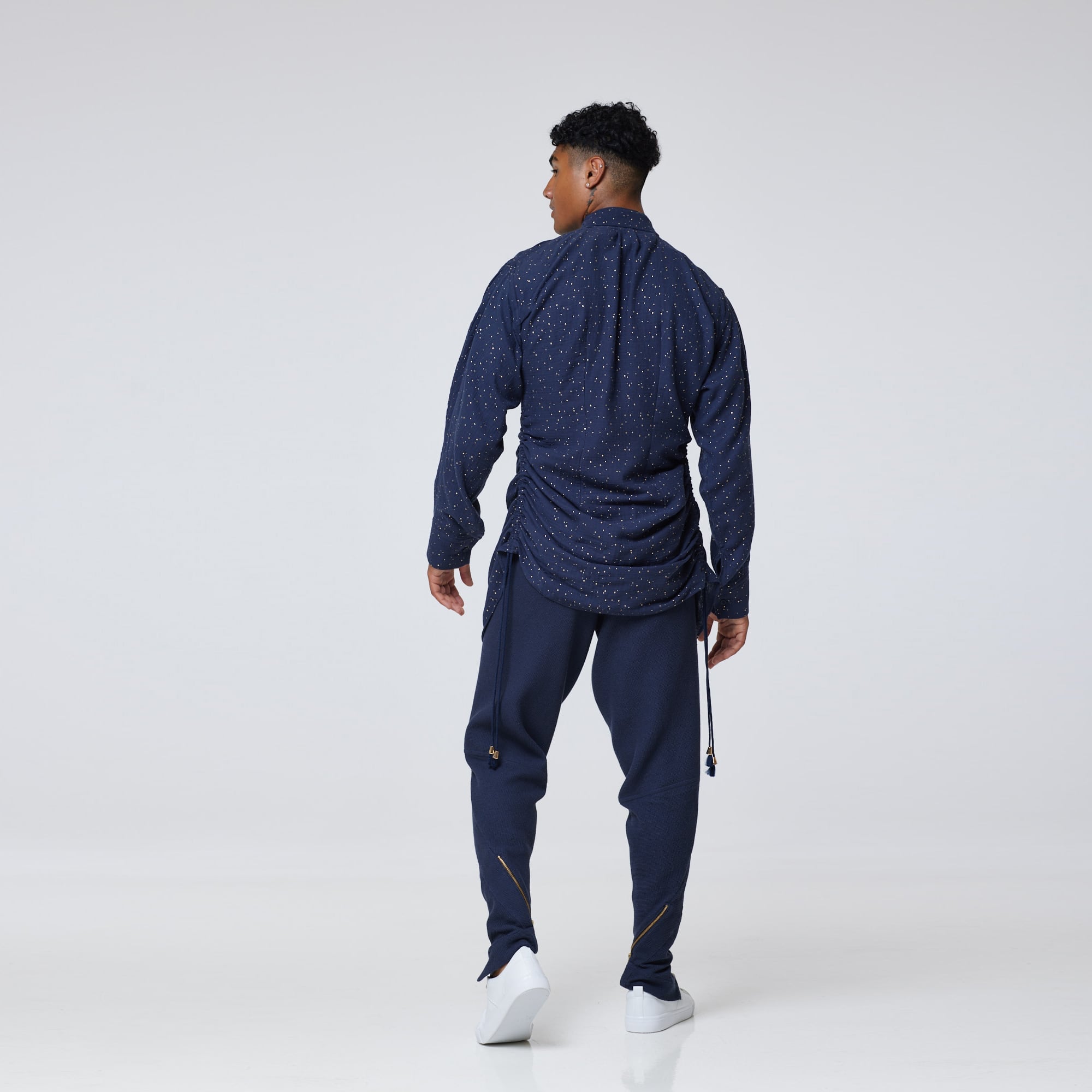 ZERØ London - Back action view, mens luxury cotton drawstring navy shirt, zero waste fashion, designed & made in London