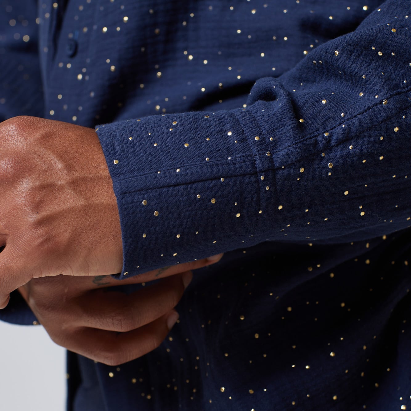 ZERØ London - Close up view, mens luxury cotton drawstring navy shirt, zero waste fashion, designed & made in London