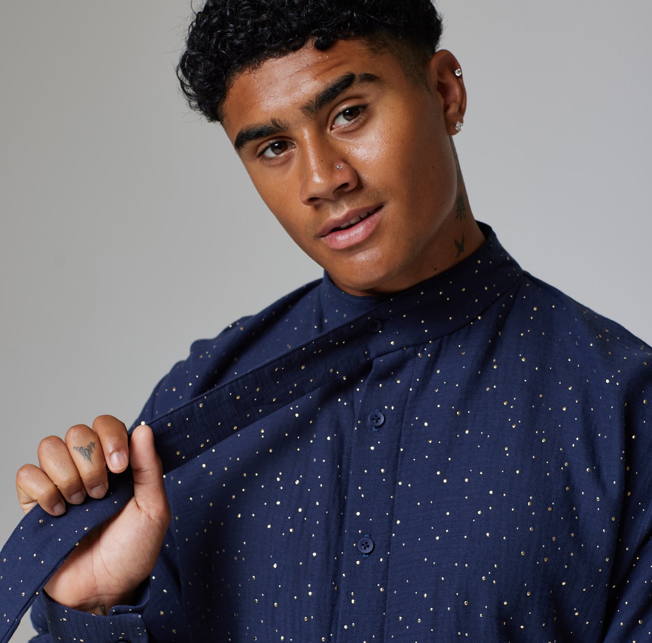 ZERØ London - Mid length view, mens luxury cotton drawstring navy shirt, zero waste fashion, designed & made in London