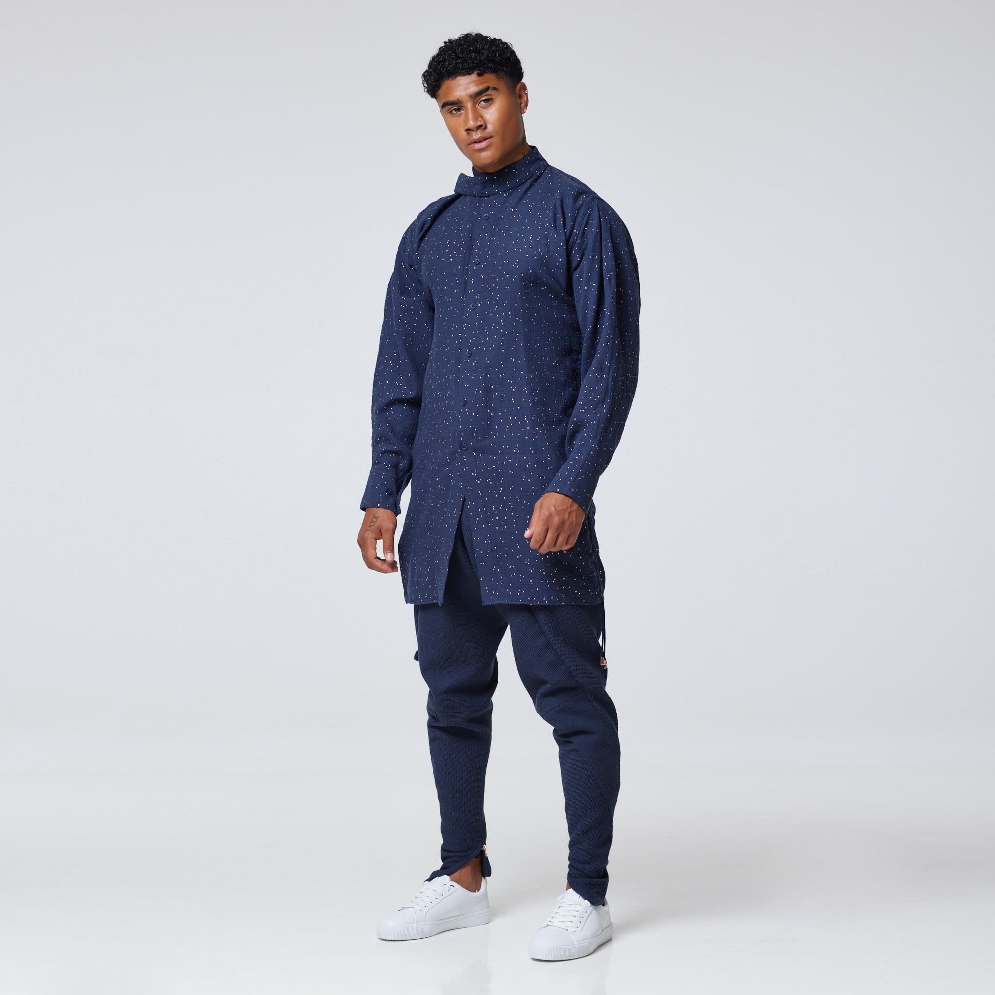 ZERØ London - Front view, mens luxury cotton drawstring navy shirt, zero waste fashion, designed & made in London