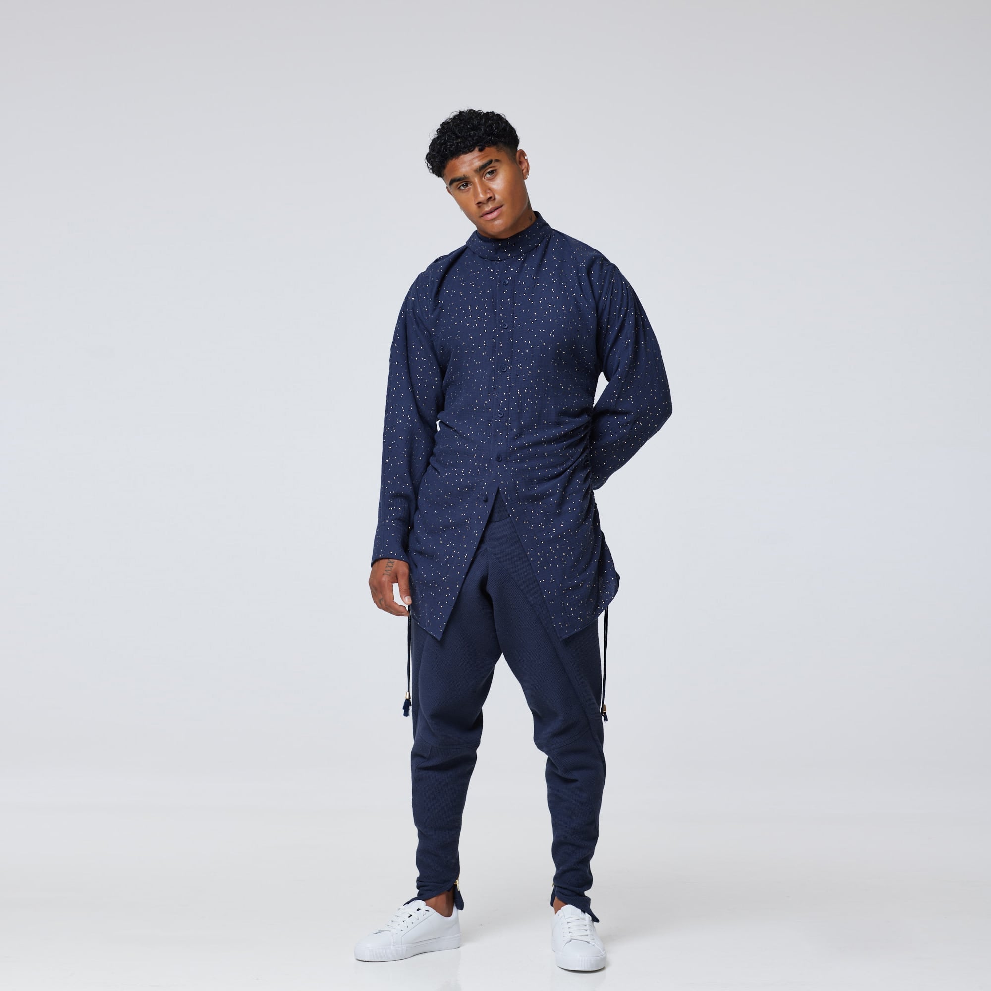 ZERØ London - Alt Action Front view, mens luxury cotton drawstring navy shirt, zero waste fashion, designed & made in London