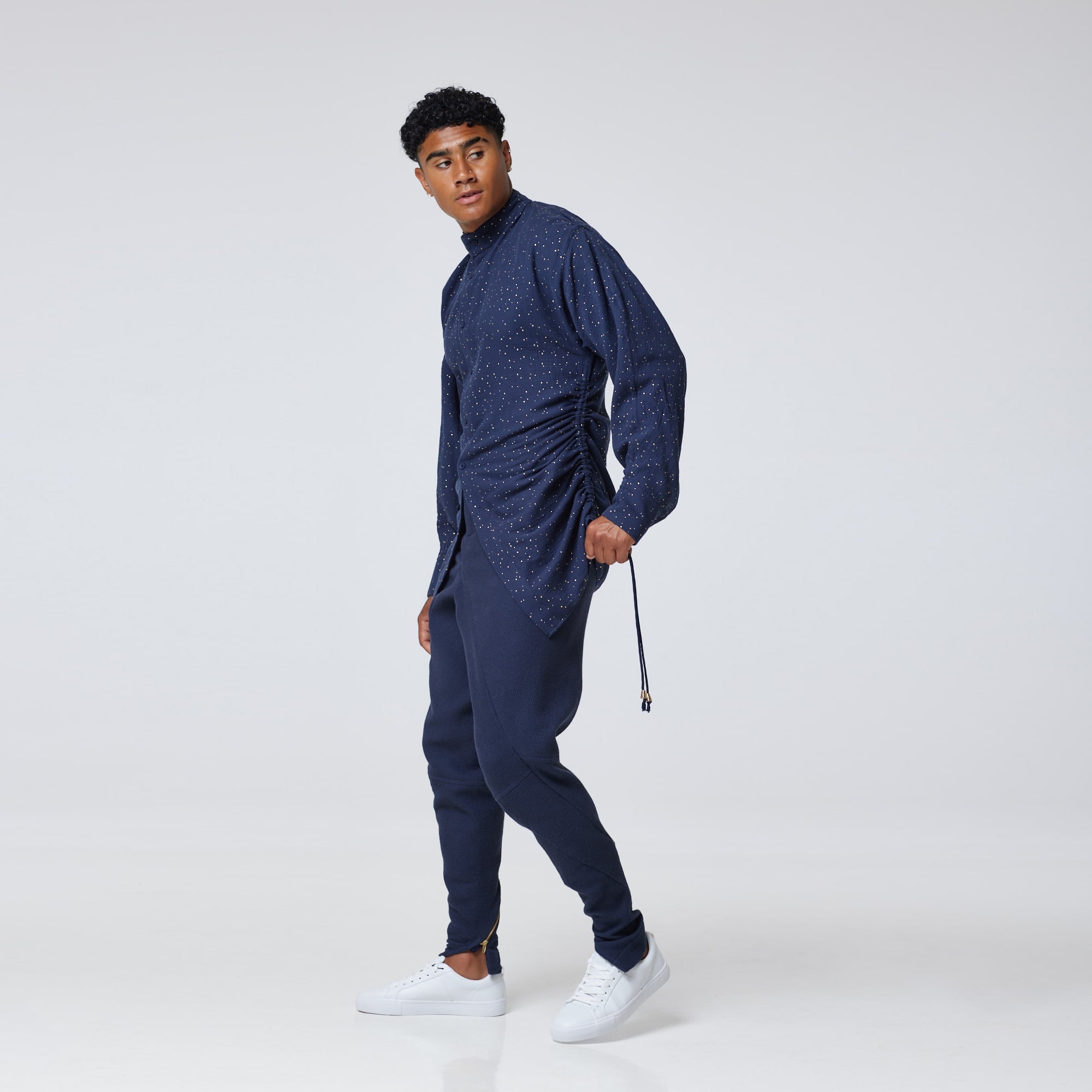 ZERØ London - Side view, mens luxury cotton drawstring navy shirt, zero waste fashion, designed & made in London