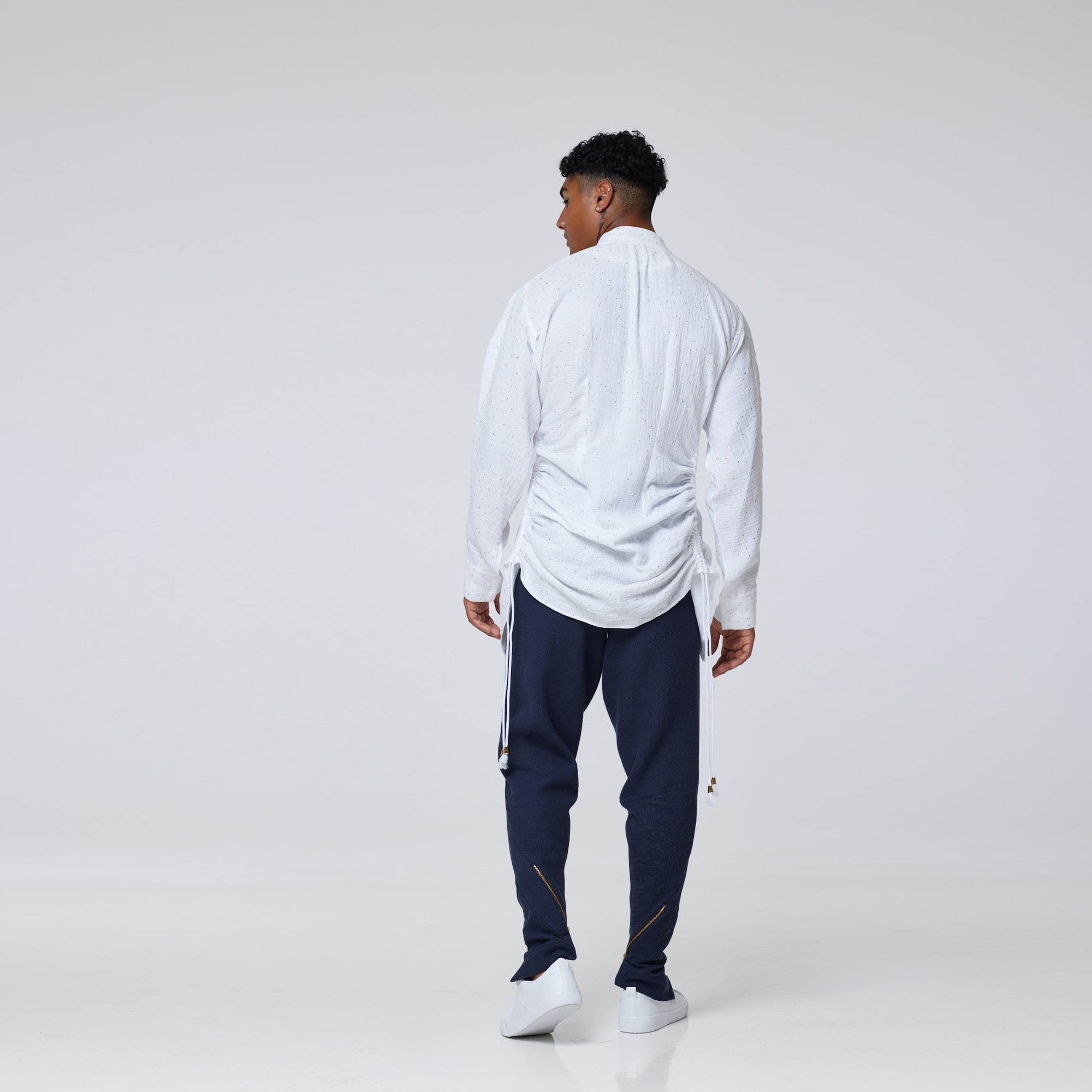 ZERØ London - Back view, mens luxury cotton drawstring white shirt, zero waste fashion, designed & made in London