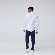 Load image into Gallery viewer, ZERØ London - Back view, mens luxury cotton drawstring white shirt, zero waste fashion, designed &amp; made in London
