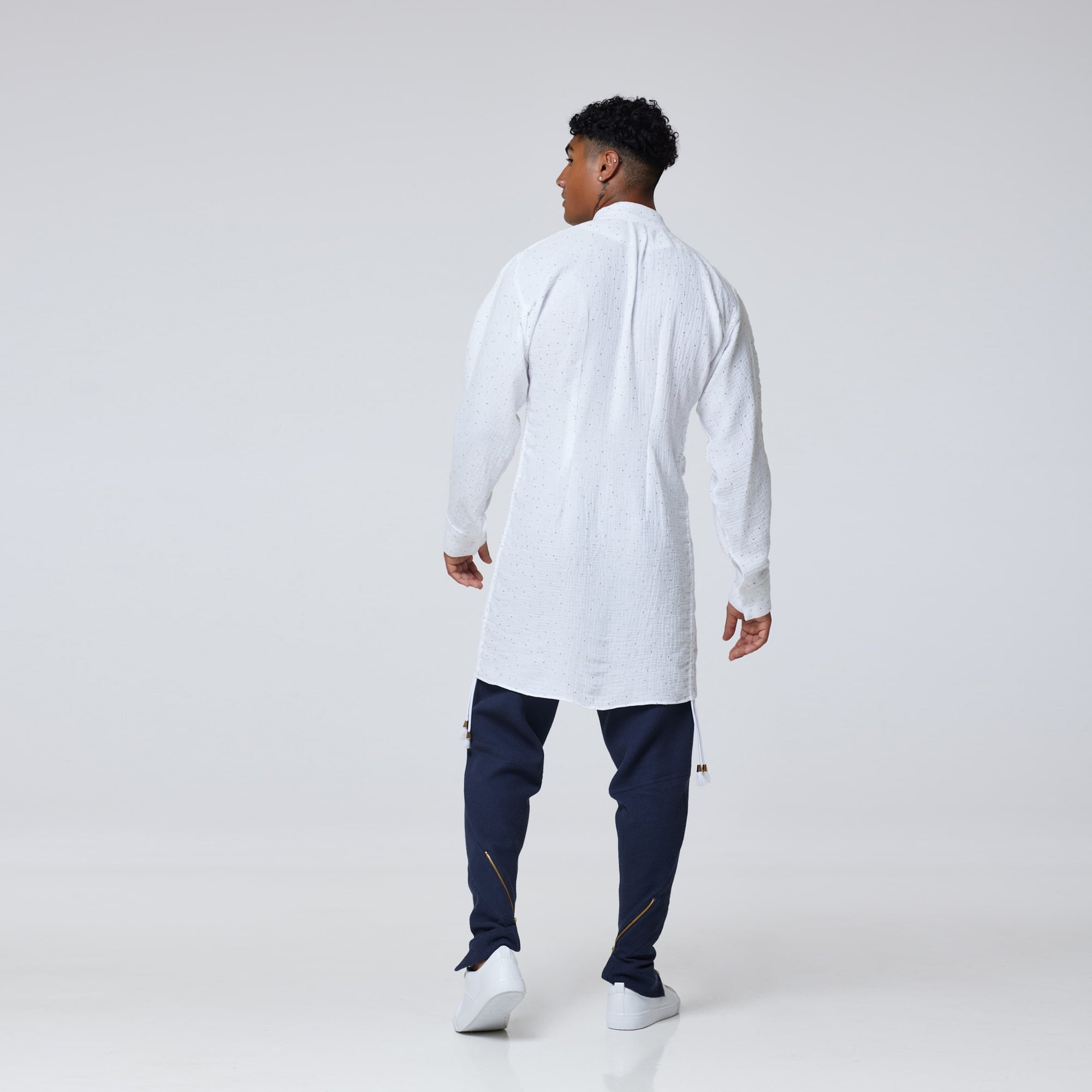 ZERØ London - Alt. Back view, mens luxury cotton drawstring navy shirt, zero waste fashion, designed & made in London