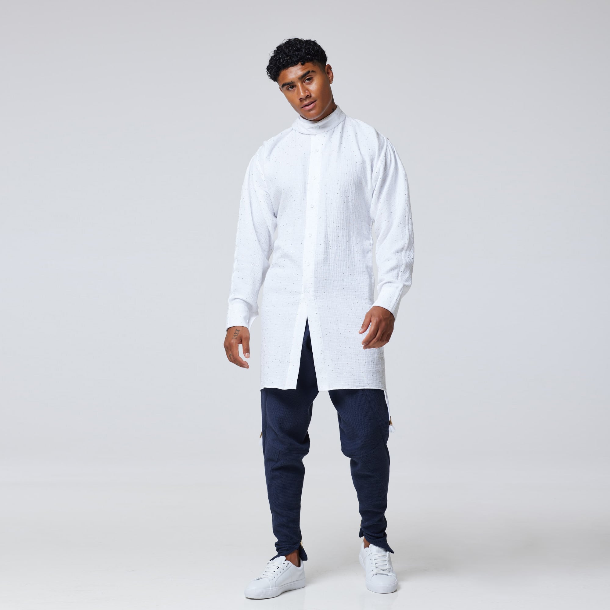 ZERØ London - Front view, mens luxury cotton drawstring navy shirt, zero waste fashion, designed & made in London