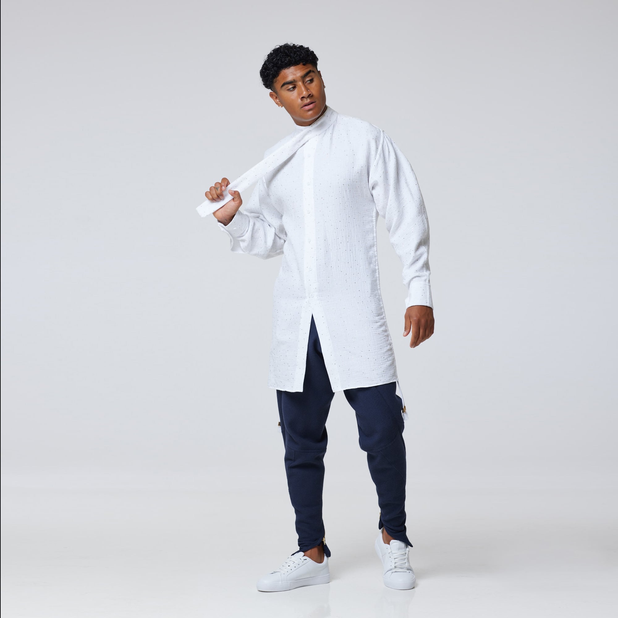 ZERØ London - Alt. Front view, mens luxury cotton drawstring navy shirt, zero waste fashion, designed & made in London