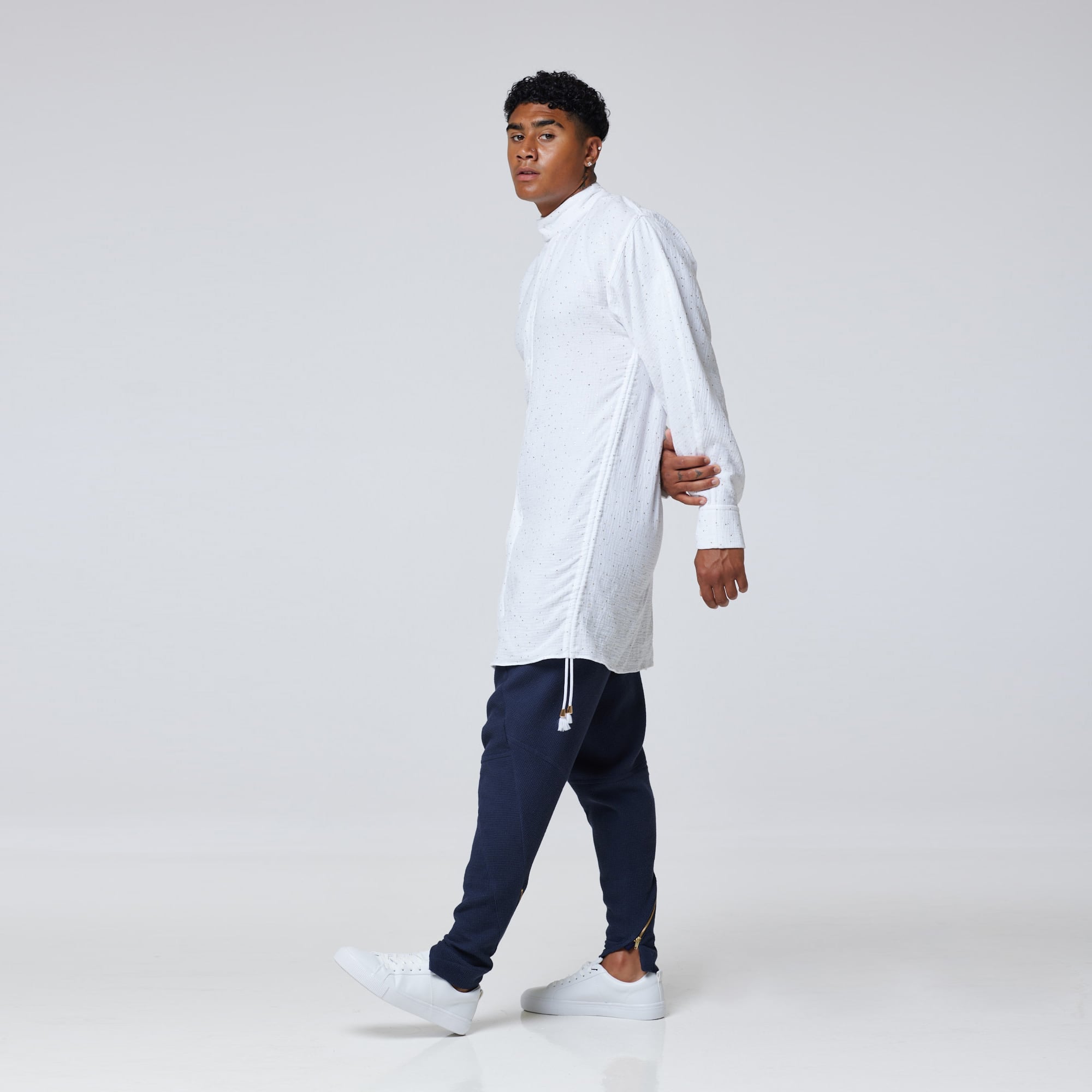 ZERØ London - Side view, mens luxury cotton drawstring navy shirt, zero waste fashion, designed & made in London