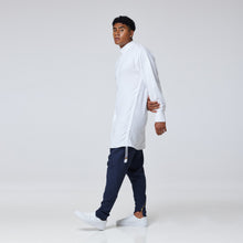 Load image into Gallery viewer, ZERØ London - Side view, mens luxury cotton drawstring navy shirt, zero waste fashion, designed &amp; made in London
