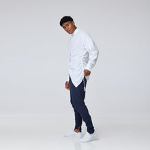 Load image into Gallery viewer, ZERØ London - Alt. Side view, mens luxury cotton drawstring navy shirt, zero waste fashion, designed &amp; made in London
