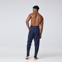 Load image into Gallery viewer, ZERØ London - Back view, mens luxury cotton tapered navy trouser, zero waste fashion, designed &amp; made in London
