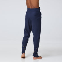 Load image into Gallery viewer, ZERØ London - Back mid length view, mens luxury cotton tapered navy trouser, zero waste fashion, designed &amp; made in London
