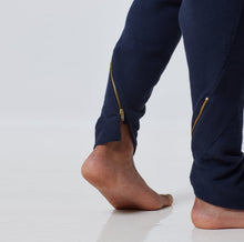 Load image into Gallery viewer, ZERØ London - Close up view, mens luxury cotton tapered navy trouser, zero waste fashion, designed &amp; made in London
