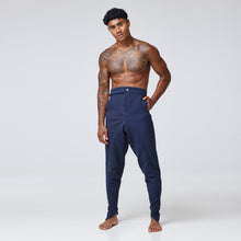 Load and play video in Gallery viewer, ZERØ London - Fashion Video, mens luxury cotton tapered navy trouser, zero waste fashion, designed &amp; made in London

