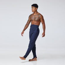Load image into Gallery viewer, ZERØ London - Side view, mens luxury cotton tapered navy trouser, zero waste fashion, designed &amp; made in London
