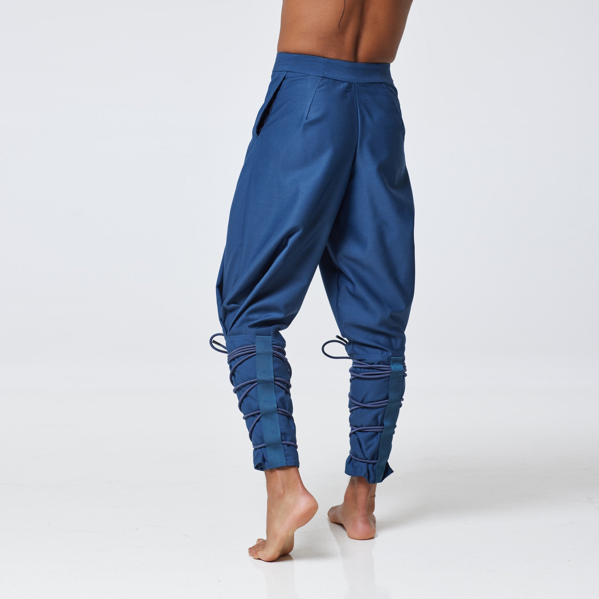 ZERØ London - Back view, mens premium pleated blue trouser, zero waste fashion, designed & made in London