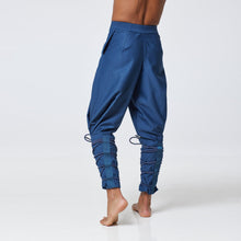 Load image into Gallery viewer, ZERØ London - Back view, mens premium pleated blue trouser, zero waste fashion, designed &amp; made in London
